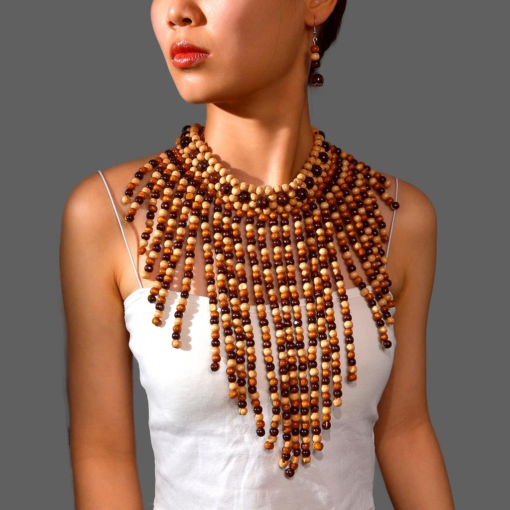 Afrikanisches Schmuckset Bohemian Retro Ethno Handgefertigt Holz Gewebt Perlen Statement Halskette und Ohrringe Damen Party Zubehör