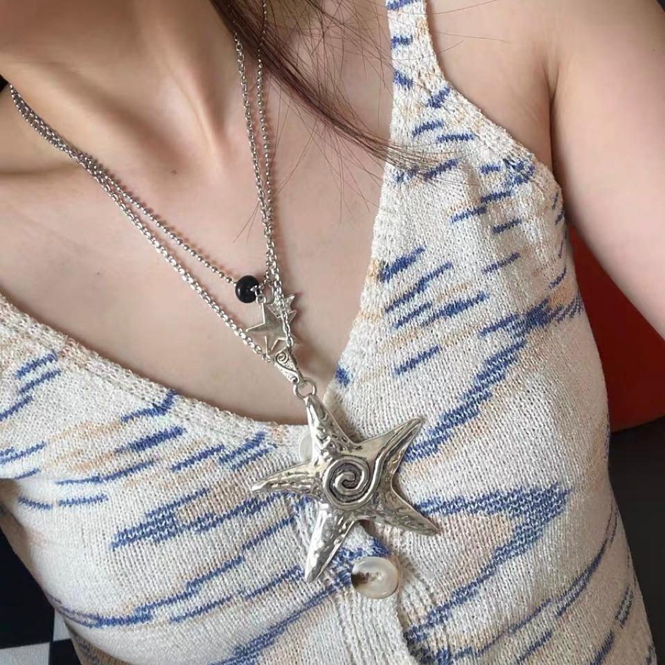Summer Silver Matte Starfish Necklace - Cool Subculture Pentagram Clavicle Chain