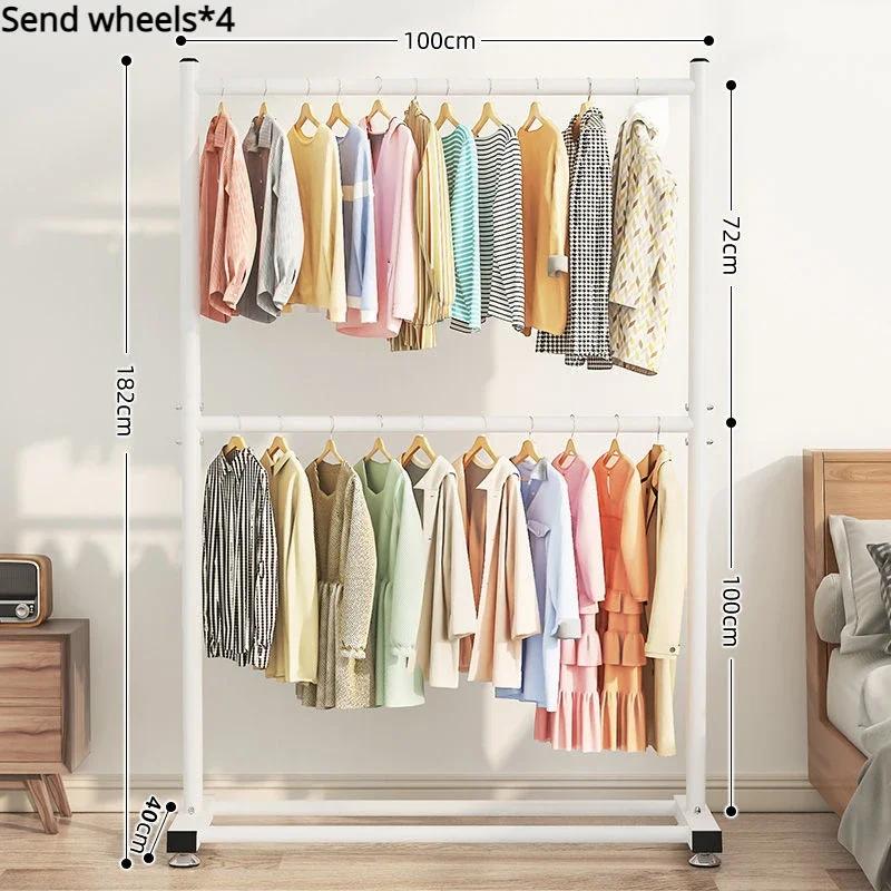 Simple Rolling Clothes Rack Floor Hanger Large Assembled Wardrobe Shoe Shelves Double Layers Coat Hanger Stand Home Furniture