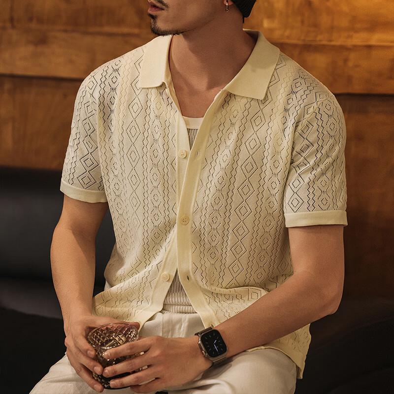 Men's Ice Silk Hollow Knit Short Sleeve Polo Cardigan