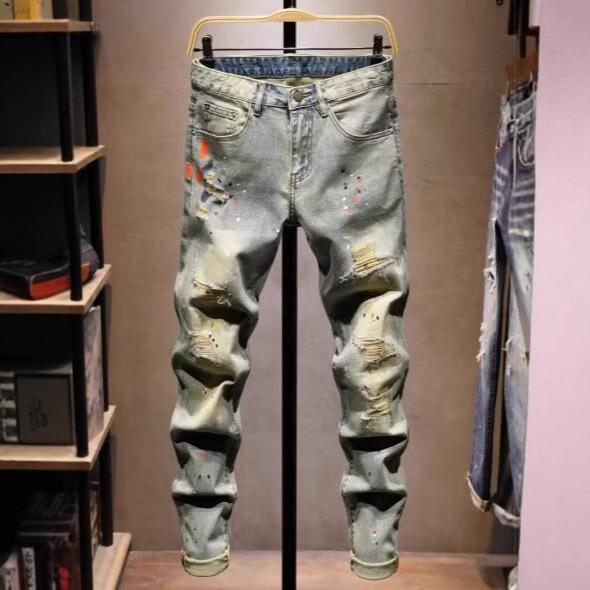 High-end ripped patch retro jeans men's trendy brand embroidery slim-fitting small feet straight pants casual versatile long pants