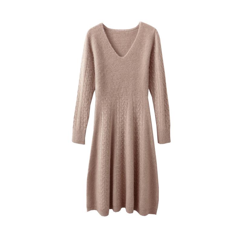 Women's Extra-Long V-Neck 100% Wool Knitted Dress with Thickened Waist-Cinching Skirt - Autumn/Winter Collection