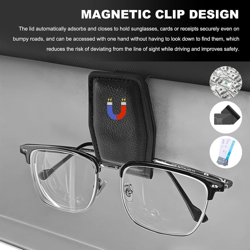 2PCS Sunglasses Holders for Car Sun Visor, Magnetic Leather Auto Visor Glasses Organizer Ticket Card Clip, Universal Eyeglasses Hanger Mounter for