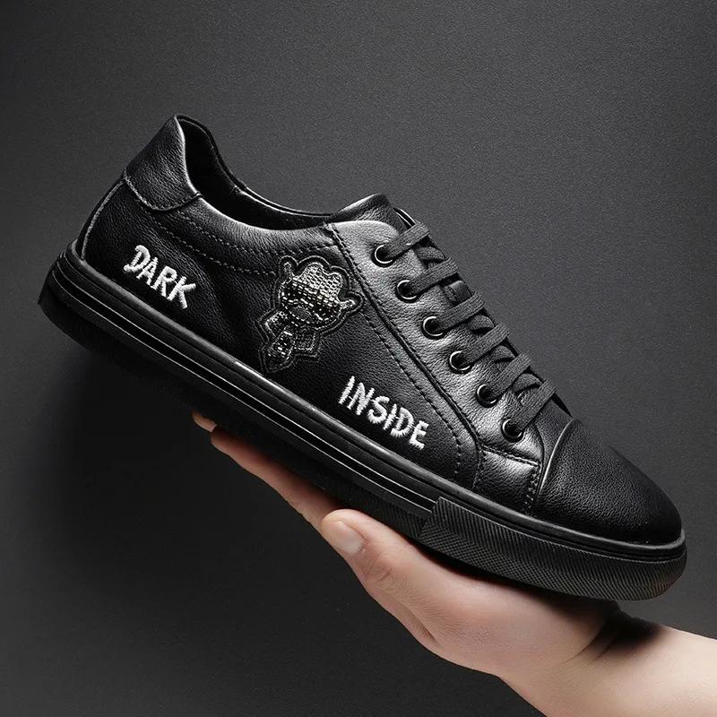 Fashion Men Genuine Leather Casual Shoes Street Cool Embroidery Flat Skate Shoes Young Man Street Cool Loafers