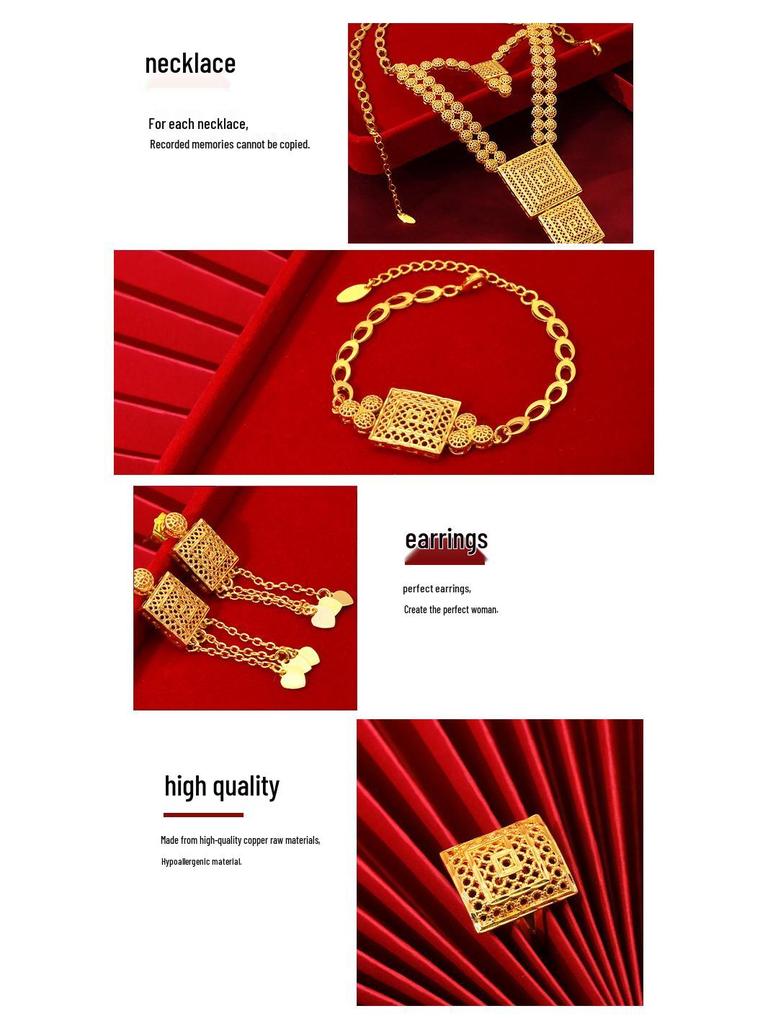 Dubai 24K Gold Jewelry Set: Wedding Necklace, Bracelet, Earrings, Ring - Arab Bride Collection