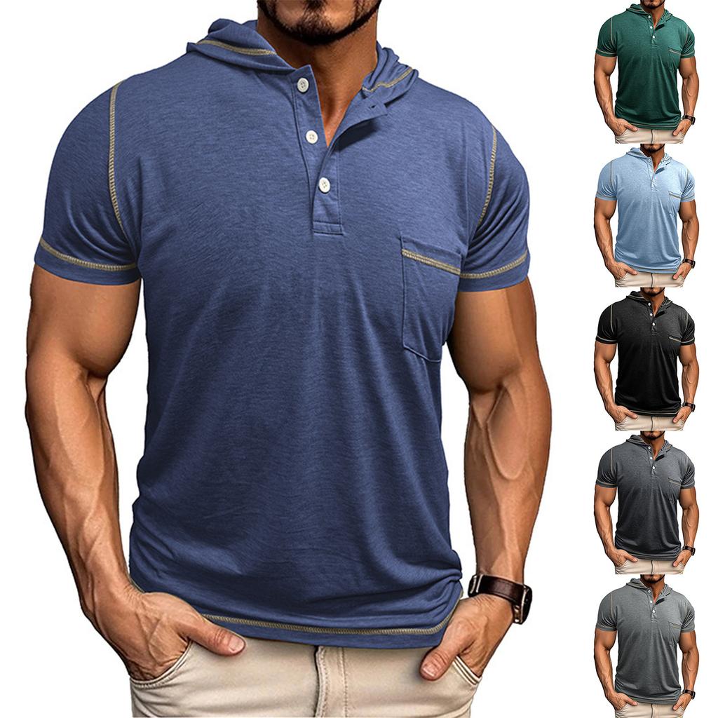 Lässiges T-Shirt mit kurzen Ärmeln und Kapuze für Herren mit Knopfleiste und offenem Hals