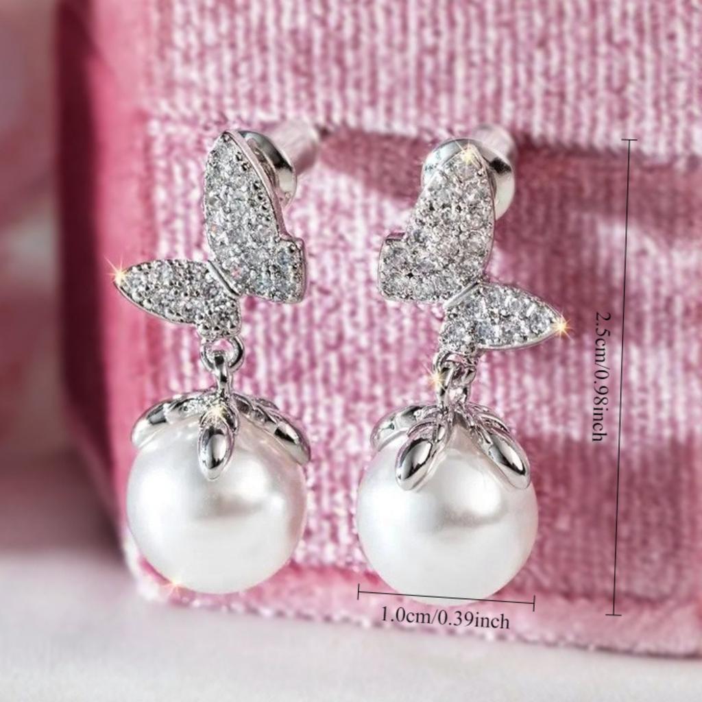Sparkling Butterfly Pearl Drop Earrings for Women Elegant Silver Tone Dangle Earrings Fashion Daily Party Jewelry