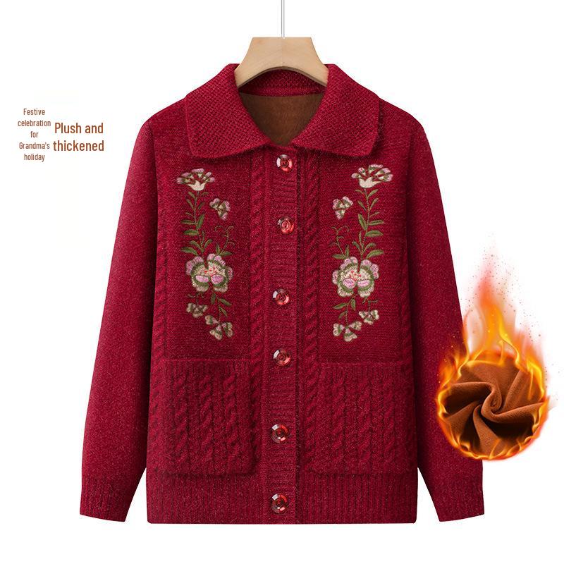 Dicker Strick-Cardigan für ältere Frauen: Oma-Stil, Pullover mit Kragen für Herbst und Winter.