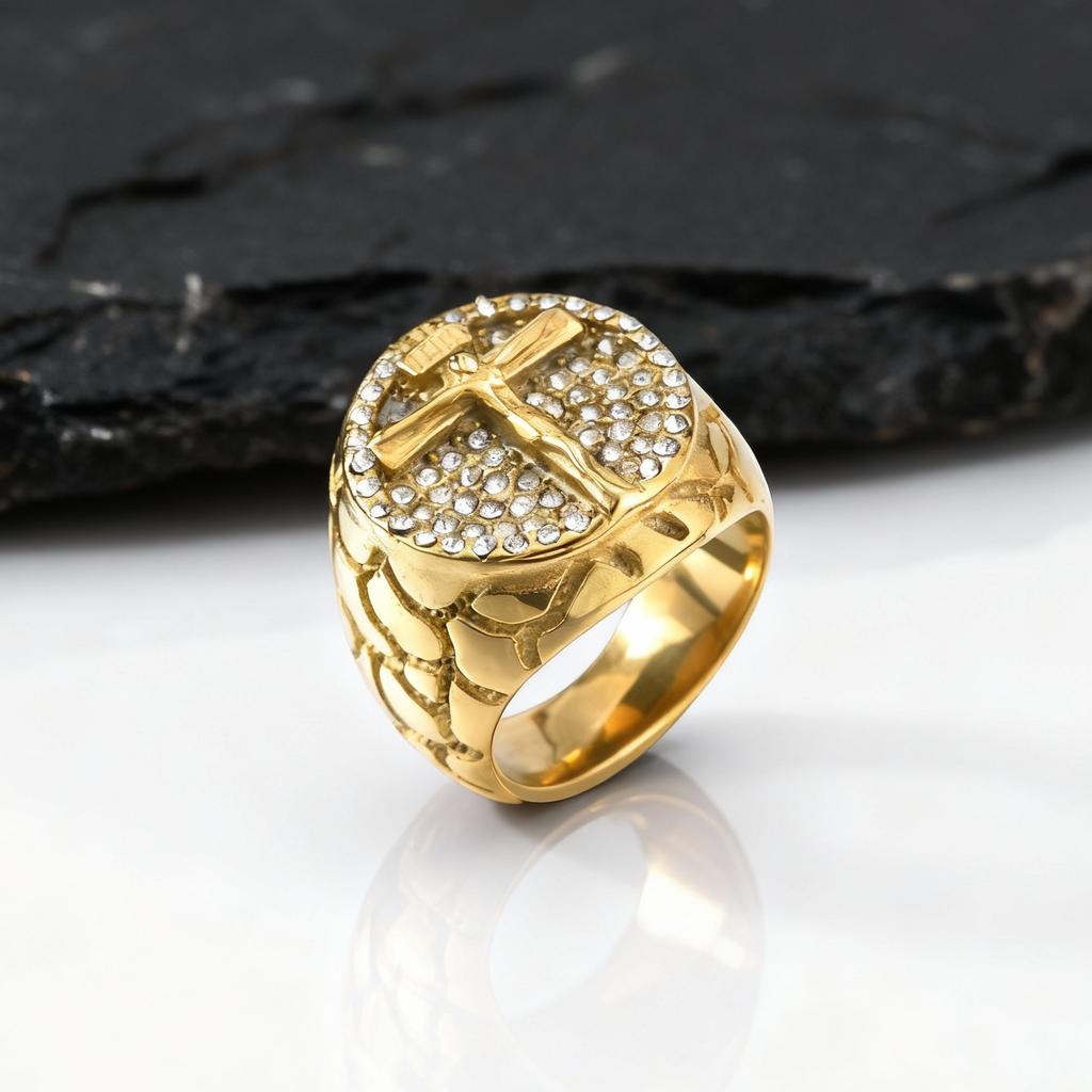 Gold Color Crucifix Jesus Cross Rings for Men,Hip Hop Stainless Steel Signet Ring with Full Rhinestone,Rapper Party Jewelry Gift