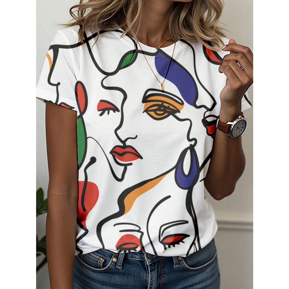 Women's T-Shirt Abstract Face Line Art Graphic Print Tops Casual O-Neck Short Sleeve Tee Summer Outdoor Fashion Female Clothing