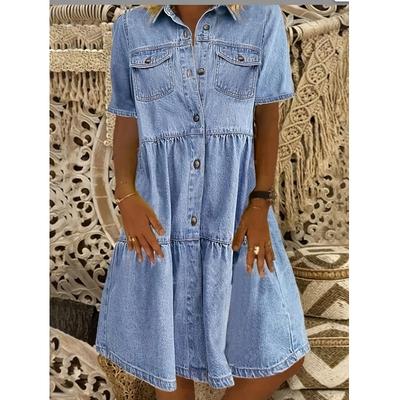 Γυναικεία Ανοιξιάτικα Καλοκαιρινά Μαλακά Λεπτά Τζιν Φορέματα Με Γιακά Που Γυρίζει Προς Τα Κάτω Μονόκουμπα Κοντομάνικα Τζιν Φόρεμα