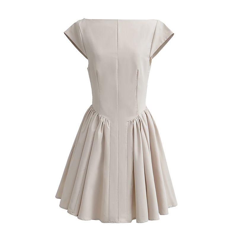 

House Same Style Minimalist Dignified Sense of Design White Bare Back Mesh A- line Dress Short Vacation Style Dress Women Khaki (with MeSH) L