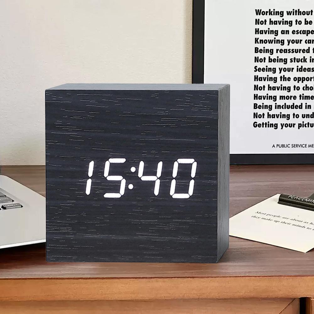 LED Wooden Table Clock with Thermometer, Mini Square Digital Alarm Clock for Bedside