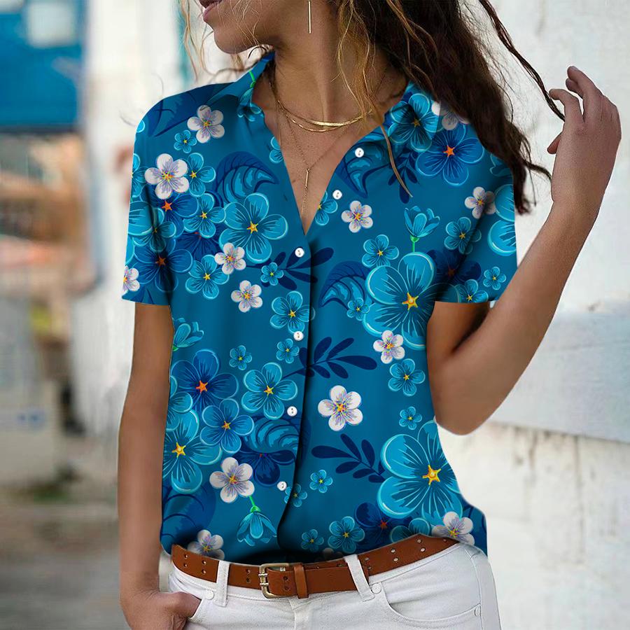 

2023 летняя новая модная женская повседневная рубашка на пуговицах с коротким рукавом и v-образным вырезом с цветочным принтом Pentaphyllum
