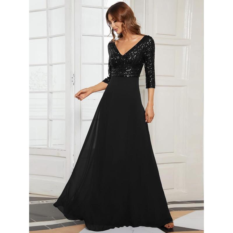 Abito da sera da donna in chiffon con scollo a V profondo, manica lunga, linea ad A, patchwork di paillettes