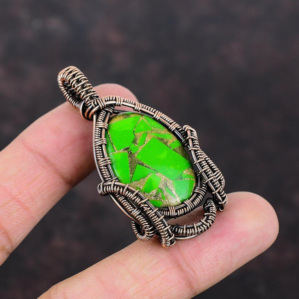 Colgante de Piedra Preciosa Turquesa Verde Cobre Joyería Envuelta en Alambre de Cobre Colgante Decente Joyería Hecha a Mano Colgante Envuelto en Alambre de Cobre Regalo Para Ella