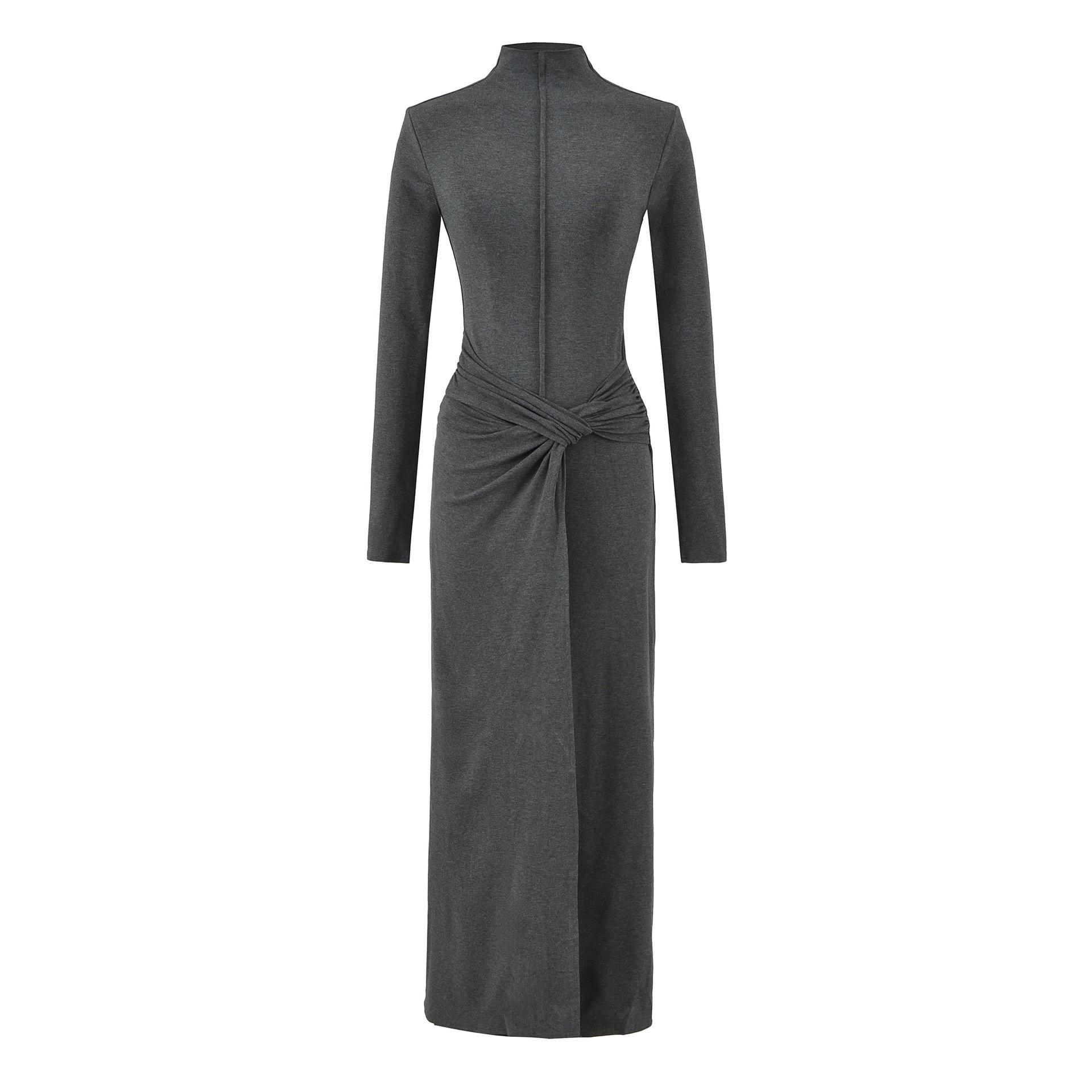 

Women s Elegant Slim-Fit High-Neck Gray Dress, Faux Two-Piece with Cinched Waist and Long Sleeves – Perfect for Autumn/Winter Small темно-серого