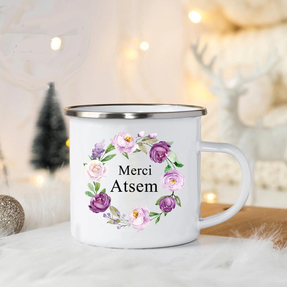 Merci Atsem In France Enamel Mugs Teacher's Day Drink Juice Coffee Dessert Cocoa Milk Handle Mug Festive Birthday Gifts