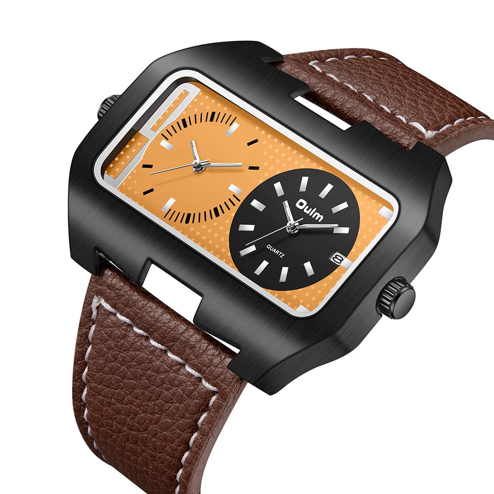 Square Men's Watch, Dual Time, Leather Strap: Waterproof, Calendar, Large Dial, Square Shape
