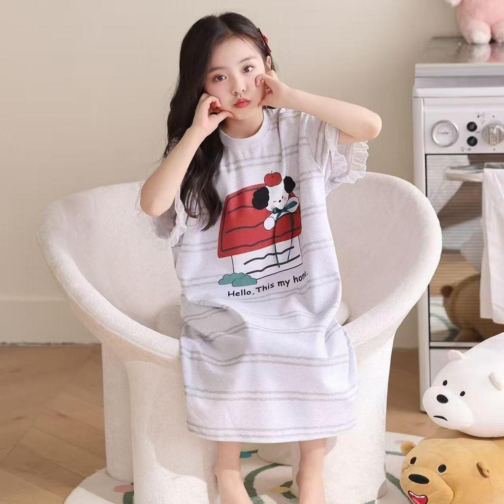Cartoon Style Girls' One-Piece Summer Nightgown - Thin, Cute, Soft for Medium/Older Kids, Ideal for Home Air Conditioning.