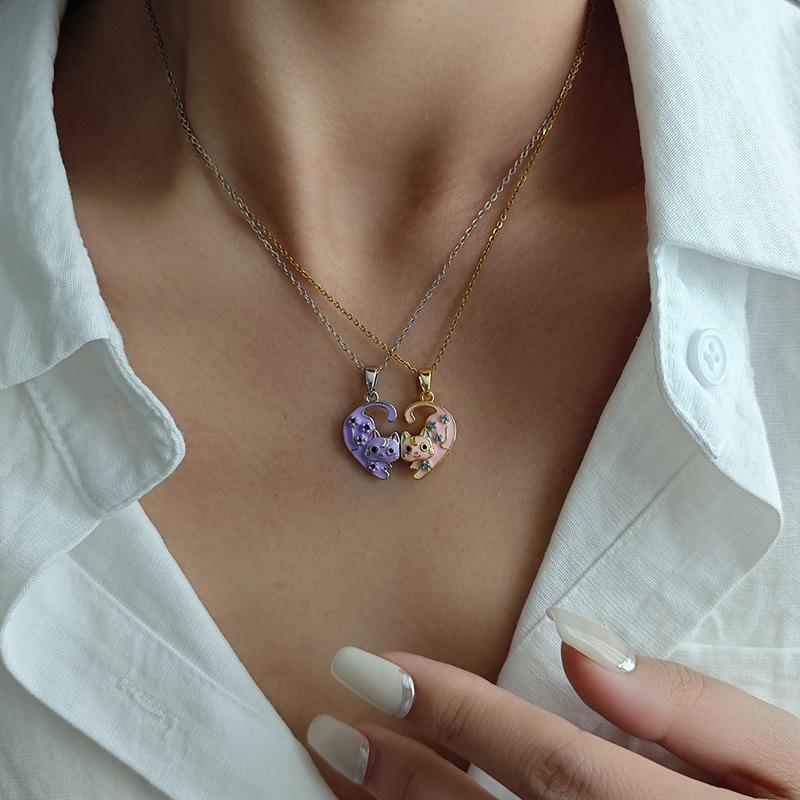 

Women Girlfriend Cat Magnetic Stacking Pendant Necklace 2 in 1 one size