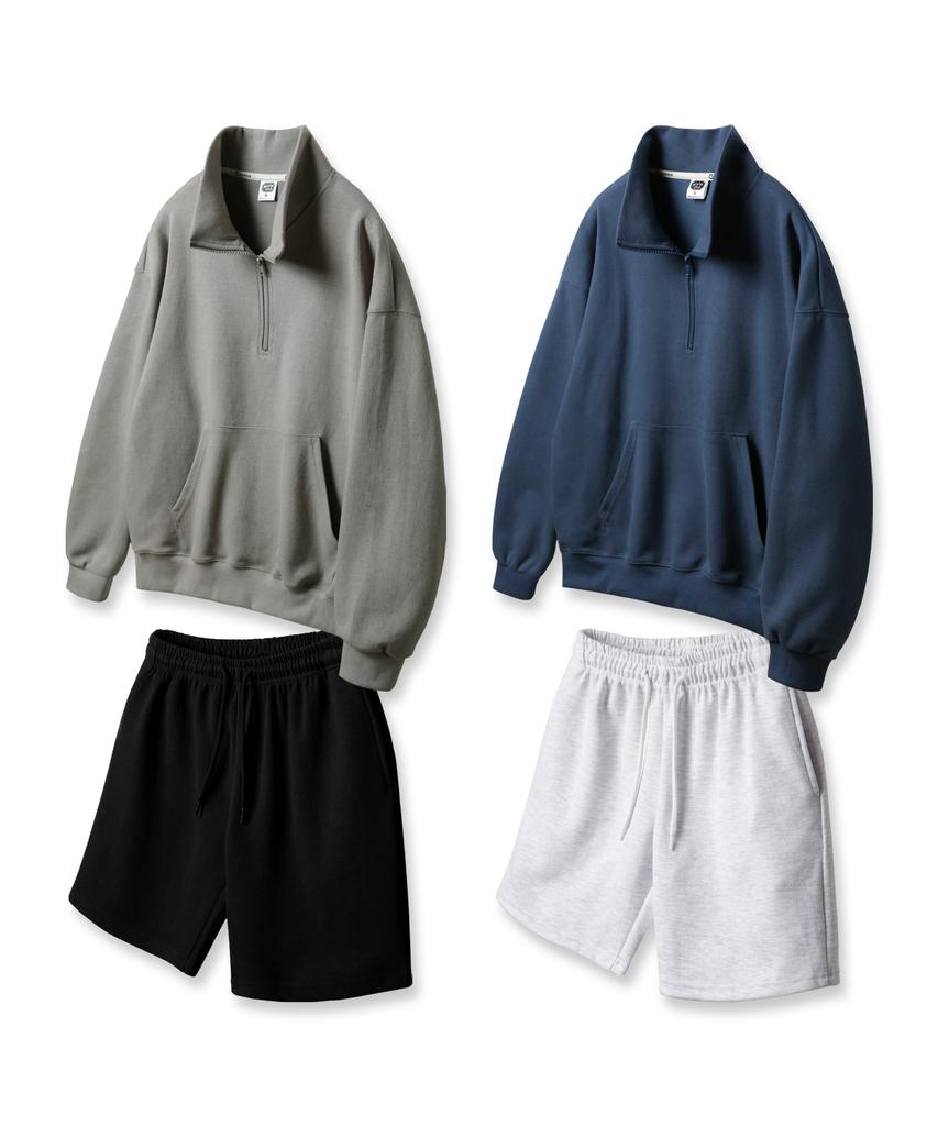 ALVINCLO [Set] Plain Vislon Half-Zip Oversized Sweatshirt / Cotton Elastic Waist Sweat Shorts Set