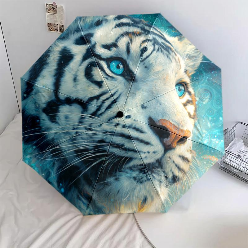 Tiger Head  Pattern, Automatic Folding Umbrella, Portable and Foldable Design, 8 Ribs, a Christmas or Birthday Gift.