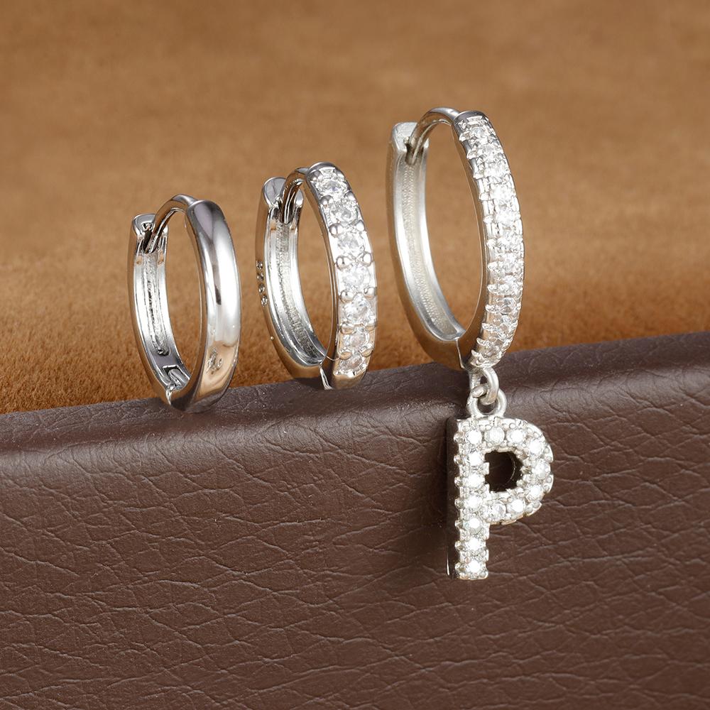 3pcs Silver Color Stainless Steel 26 Letters Hoop Earrings Set For Women A-Z Crystal Zircon Geometric Earrings Wedding Jewelry