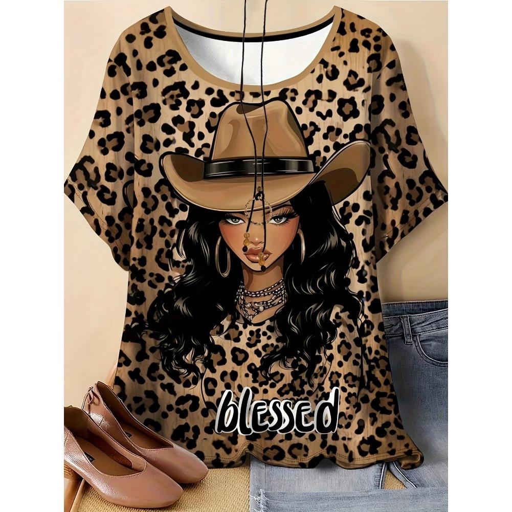 Plus Size Casual Crew Neck Short Sleeve Cartoon Animal Print T-Shirt - Soft Stretch Polyester Fabric Spring and Summer Womens Relaxed Fit Clothing