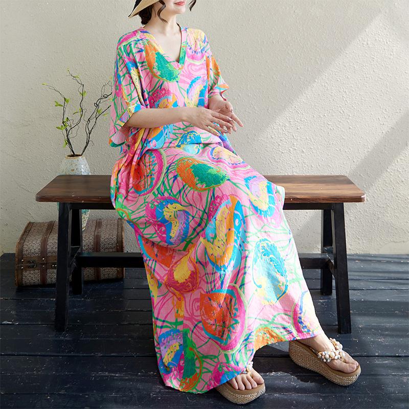 

DIMANAF Plus Size 2025 Summer Long Dress V-Neck Women Beach Casual Vintage Dress Basic Loose Dress Maxi One Size розовый