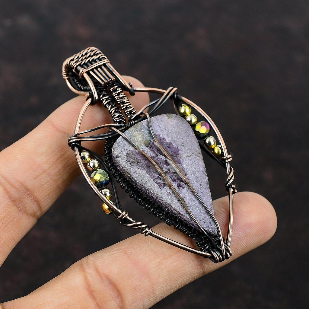Purpurite Gemstone Pendant Copper Wire Wrapped Pendant Handmade Ethnic Pendant Titanium Beads Pendant Copper Wire Wrap Jewelry Gift For Mom