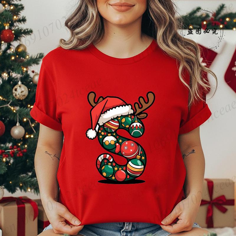 

Festive Christmas Alphabet Letter with Santa Hat Print Tshirt for Unisex Fashion T Shirt Streetwear Female Clothes Unisex Tshirt S