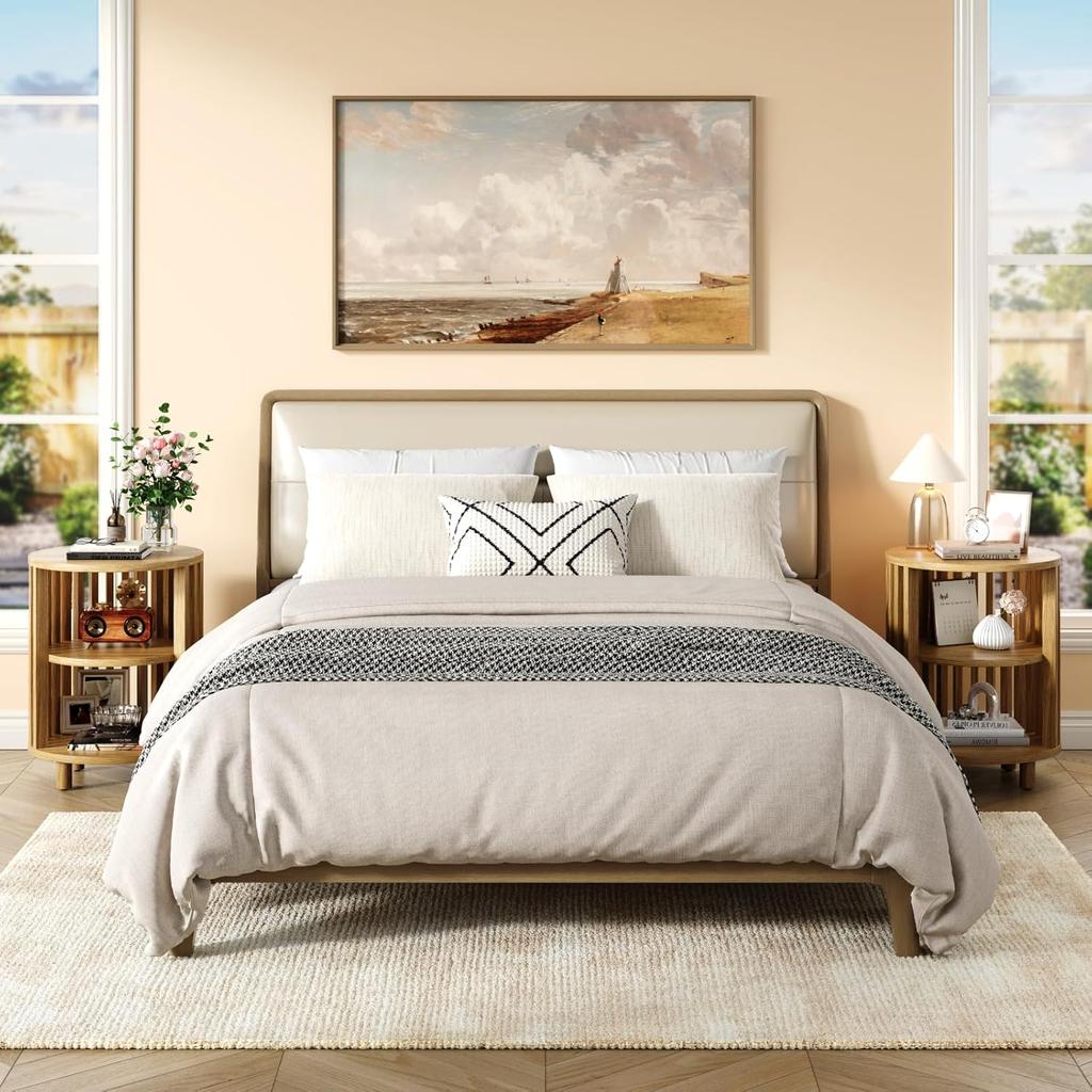 Round End Table, Wood Bedside Table, Mid Century Modern Nightstand with Open Storage Shelf, 3 Tier Small Side Tables for Living Room, Bedroom, Curved