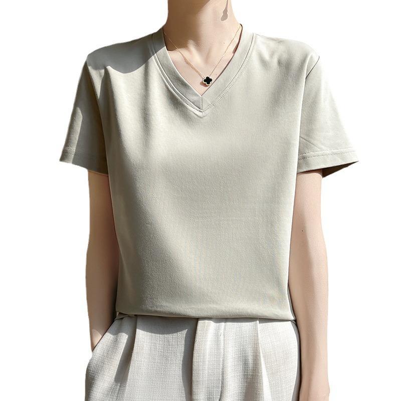 High-Quality Women's V-Neck Short-Sleeve Mercerized Cotton T-Shirt: Non-See-Through, Casual, Sweat-Absorbent, Breathable, Versatile Fit.