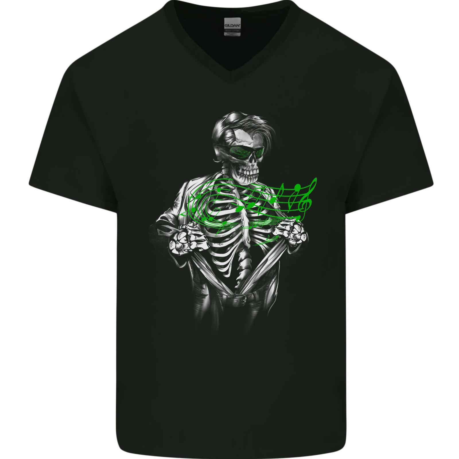 Rockabilly Skeleton Music Skull Hot Rod Mens VNeck Cotton T-shirt XL
