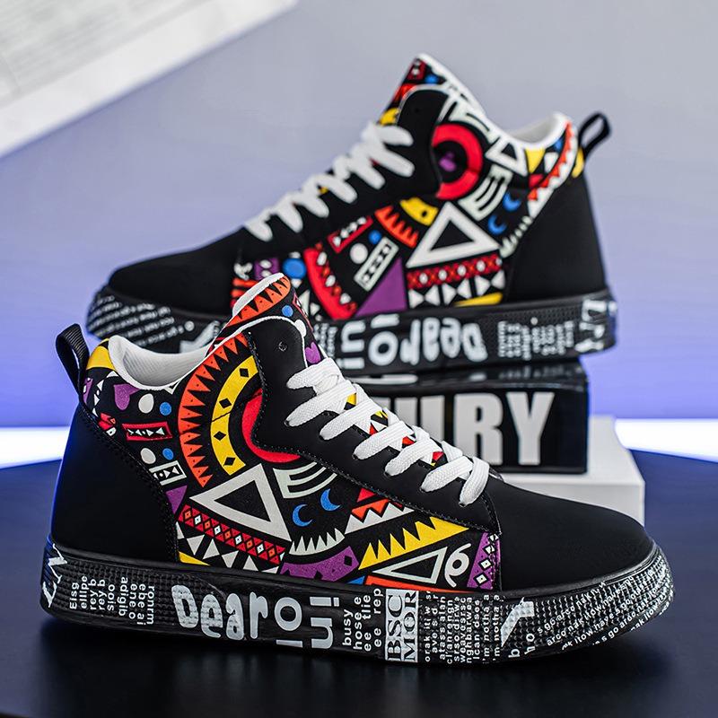 

Мужские высокие кроссовки Смелый геометрический принт Повседневная обувь с текстурированной подошвой для уличного стиля 37 чёрный