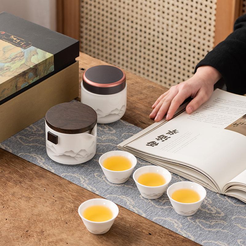 Guochao Travel Tea Set Portable Chinese Style Ink Painting Suet Jade White Porcelain Business Gifts Kuaike Cup