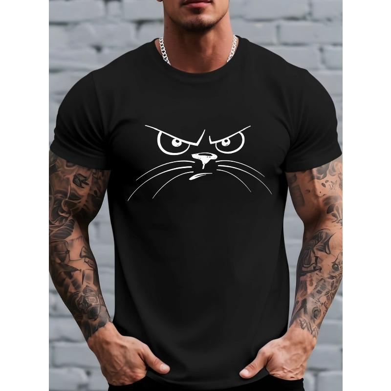 European Size Men's Angry Cat Print T-Shirt - Fierce Feline Graphic Short Sleeve Tee, Breathable Round Neck Casual Top with Suitable for Casual Attire
