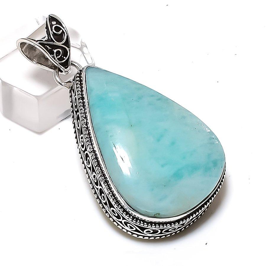 Natural Republic Larimar Gemstone 925 Sterling Silver Jewelry Pendant 1.97" ETC-14668