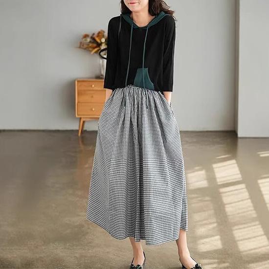 Damen Frühling Hohe Taille Lässig Weite Hose Elegant Kariert Weitbein Hose Rock