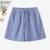 ZANZEA Women Summer Elastic Waist Summer Plaid Print Short Pants