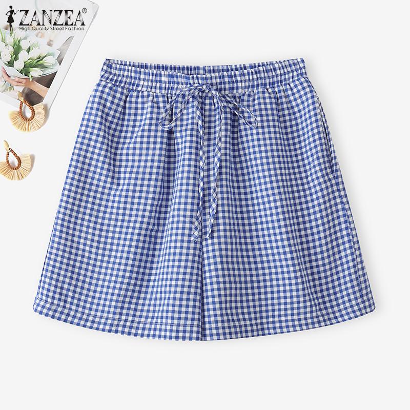 ZANZEA Women Summer Elastic Waist Summer Plaid Print Short Pants