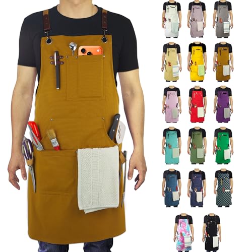 Stenffy Handmade Apron, Cotton Canvas, Multi-Pocket, Cross-Back Adjustable Weight Apron, for BBQs, Cafes, Kitchens, Painting, Carpentry, and Artists,