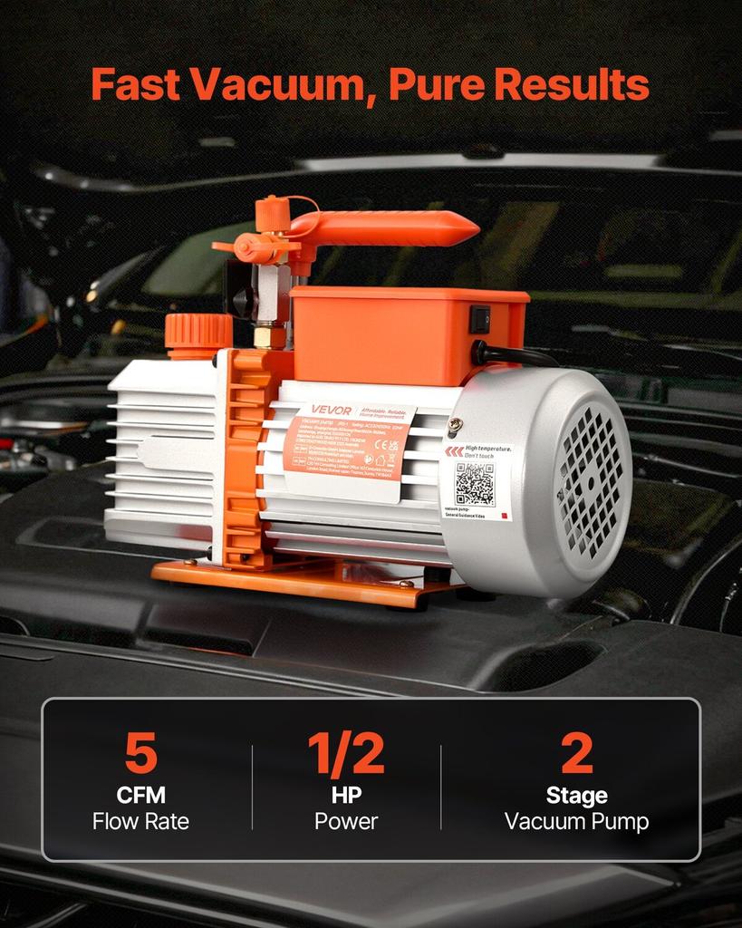 Vacuum Pump, 5 CFM 142 L/min, HVAC Two Stage Rotary Vane AC Vacuum Pump, for R134a R22 R410a Systems, 4 Pole Motor, for Automotive Air Conditioner
