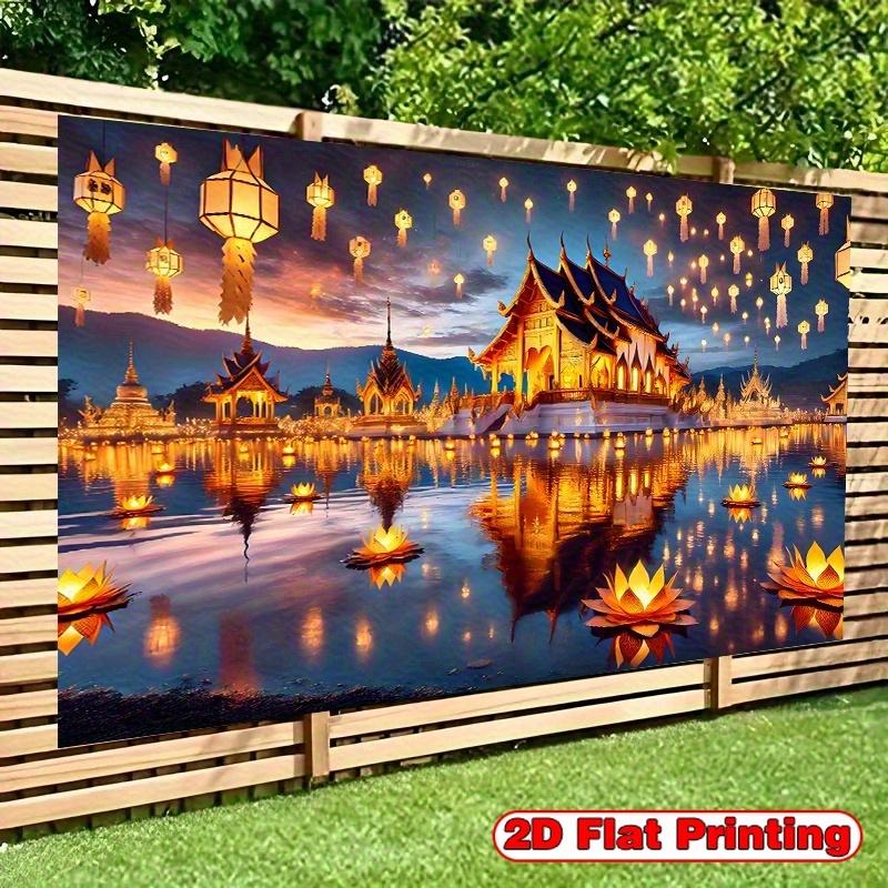 2D Flat Background Scene of Thai Temple Lanterns Made of Polyester. Traditional Thai Architecture and Floating Lanterns