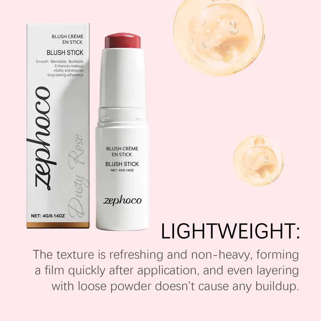 Zephoco Soft Matte Long-Lasting Blush Stick in Dusty Rose: Gentle, Moisturizing, Lightweight, Adheres Well.