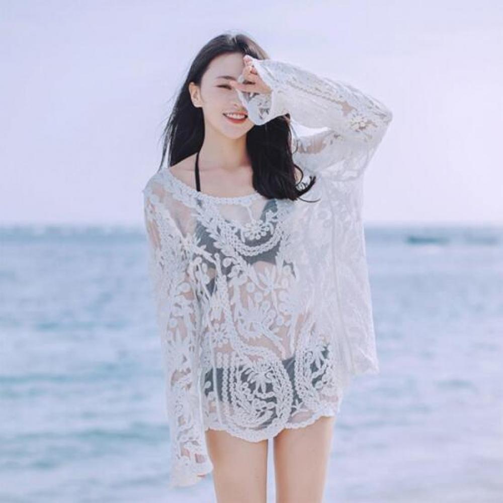 New ArrivalS Open Run Women S Crochet Round Neck Embroidered Lace Sheer Long Sle
