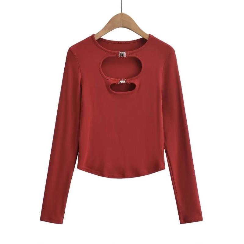 Spring Women's Hollow Round Neck Waist Tight Inner Long Sleeve T-shirt