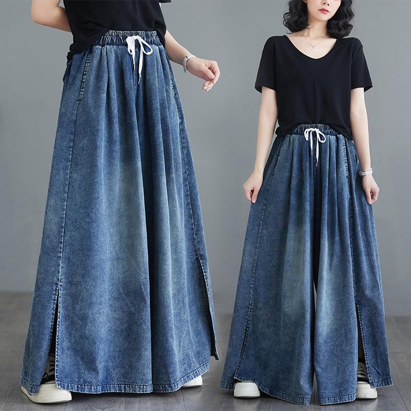Summer Plus Size Women Jeans Long Pants Basic Trousers Loose Wide Leg Pants Casual Solid Blue Large Size