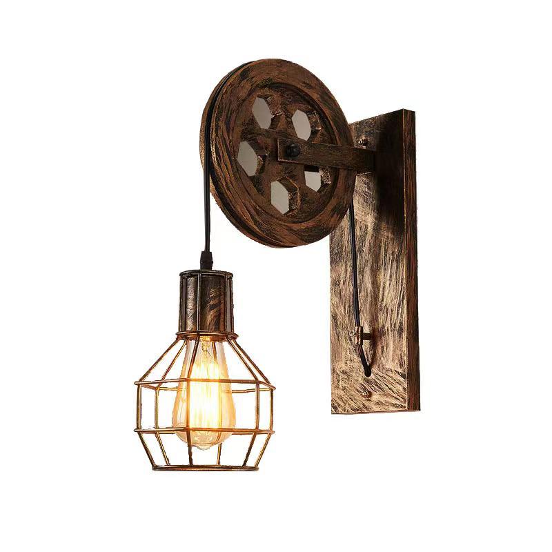 Industrial Retro Iron Art Wall Lamp with Pulley for Restaurants, Corridors, and Hallways